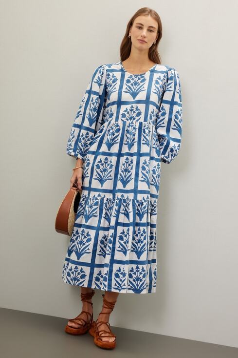 SZ Blockprints Dresses & Skirts - SZ BLOCKPRINTS Blue White Floral 100% Cotton Long Sleeve Orti A-Line Dress Small